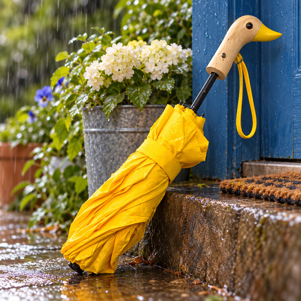 Vintage Yellow Folding Umbrella Wooden Duck Head Handle Compact NWOT